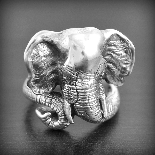 Très belle bague tête d'éléphant d'Afrique en argent, la trompe forme l'anneau (h:25 mm).