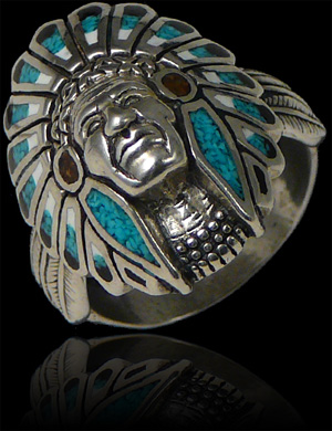 Magnifique bague en argent d'une tête de chef indien Navajo, très belle bague HARPO de caractère...