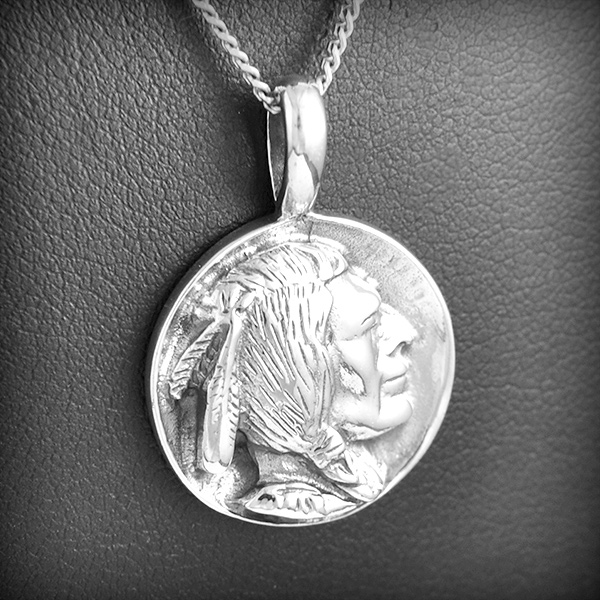 Pendentif médaille tête d'indien Navajo en argent, reproduction d'ancienne pièce de 5 cents...