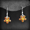 Boucles d'Oreilles Fleurs d'Ambre sur Argent - BOAG-341 Boucles d'oreilles pendantes en argent d'une fleur avec des pétales d'ambre couleur cognac (h:33mm).