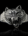 Bague en argent d'une belle tête de loup gueule ouverte en volume (h:22mm).