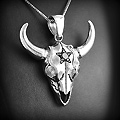 Pendentif en argent d'un très beau crâne de buffle orné d'un zirconium noir incrusté dans  une...