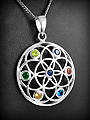 Pendentif en argent d'une fleur de vie ajourée ornée de 7 zirconium Chakra de couleurs...