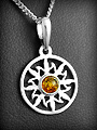 Pendentif jolie rosace soleil en argent et perle d'ambre Cognac ou vert (h:27mm).